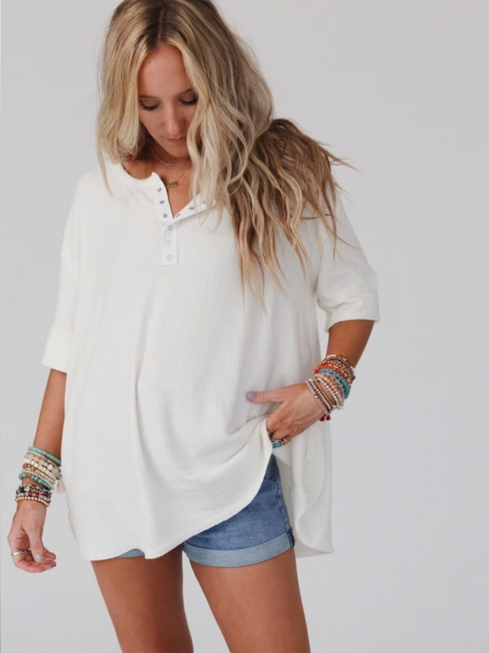 Size L Three Bird Nest Over-sized Drop-shoulder Ribbed Henley Knit Top - Cream